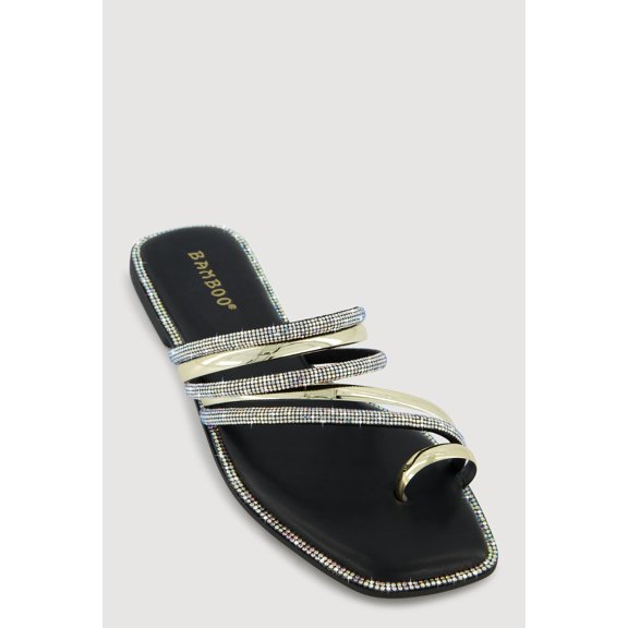 Women's Asymmetrical Metallic Rhinestone Strappy Toe Loop Sandals
