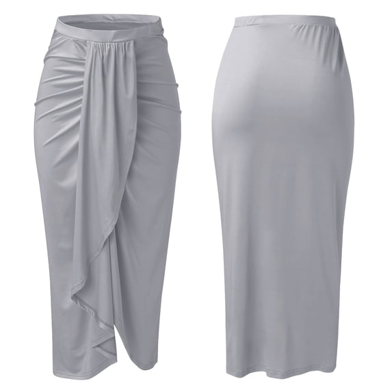 Women's Asymmetrical Midi Skirt, High Waist Draped Casual Skirt with Wrap Waist, Solid Color Elastic Waist Maxi Skirt for Daily Wear, Spring, Summer and Autumn Grey L