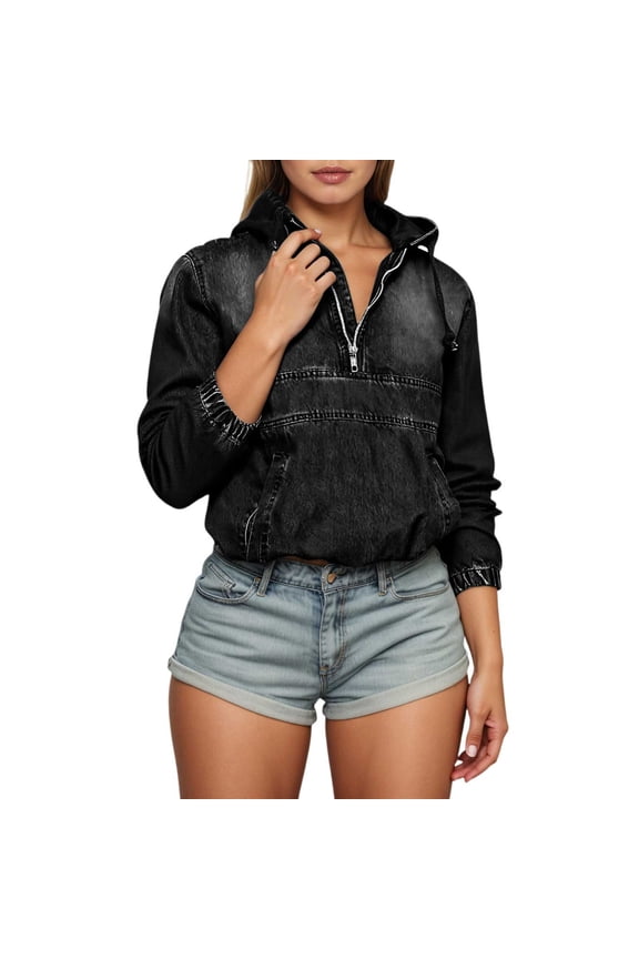 Women's Asymmetrical Moto Denim Hoodie Long Sleeve Zip Up Biker Jacket Cowl Neck Pullover Outerwear With Front Pockets