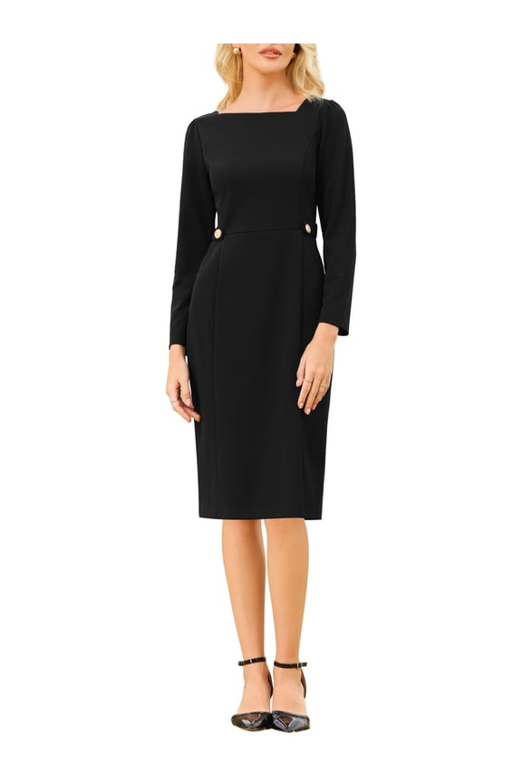 Women's Asymmetrical Neck Dress Semi Formal Dressy Long Sleeve Dresses S Black