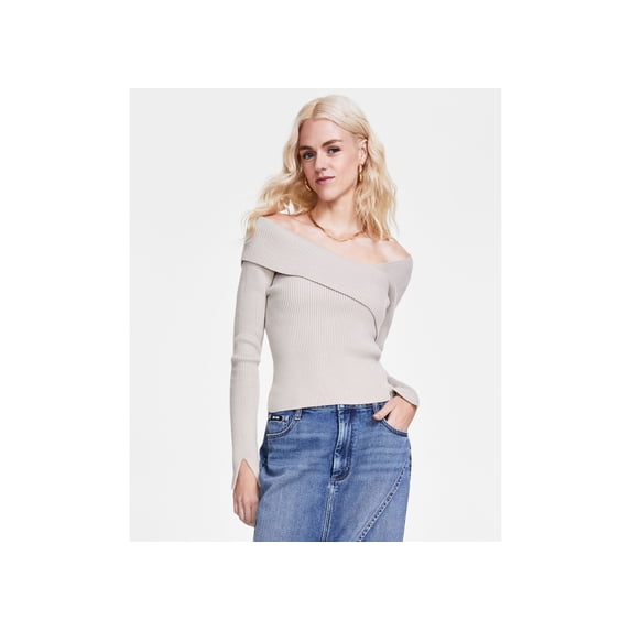 Women's Asymmetrical-Neck Ribbed Sweater Pebble M