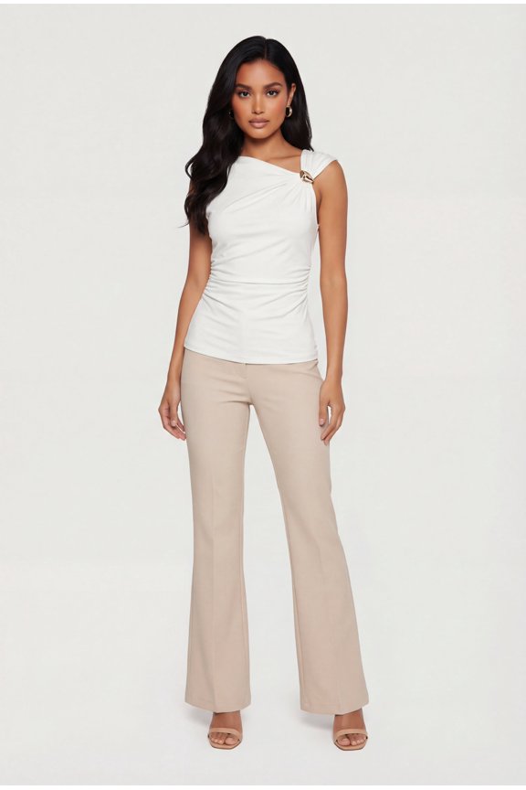 Women's Asymmetrical Neckline Ruched Blouse with Metallic Detail