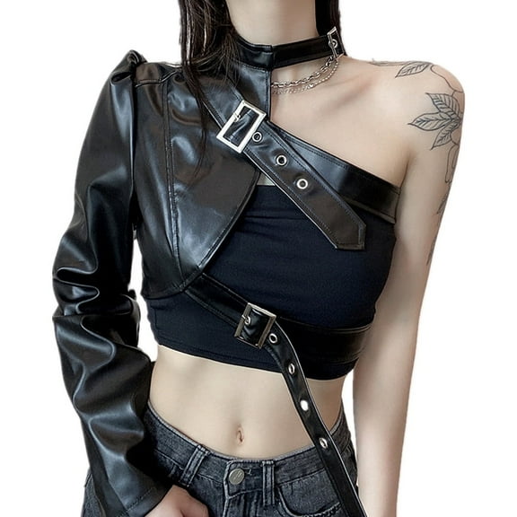 Women's Asymmetrical One-Shoulder Faux Leather Crop Jacket with Adjustable Buckle Straps