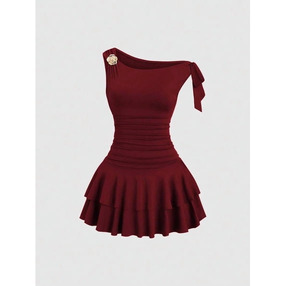 Women's Asymmetrical One Shoulder Mini Dress Ruched Bodycon Tiered Ruffle Hem Party
