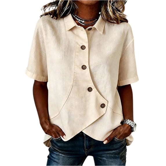 Women's Asymmetrical Placket Button-Down Shirt Casual Regular Fit Short Sleeve Tops Spring Summer Daily Top M