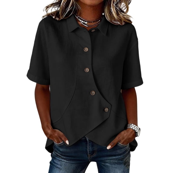 Women's Asymmetrical Placket Button-Down Shirt Casual Regular Fit Short Sleeve Tops Spring Summer Daily Top M