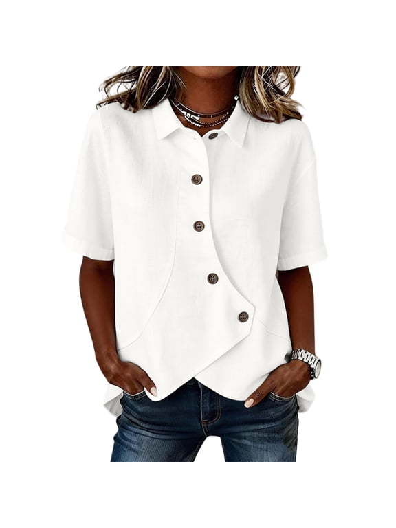 Women's Asymmetrical Placket Button-Down Shirt Casual Regular Fit Short Sleeve Tops Spring Summer Daily Top XL