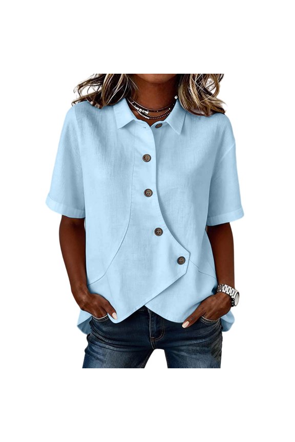 Women's Asymmetrical Placket Button-Down Shirt Casual Regular Fit Short Sleeve Tops Spring Summer Daily Top XL