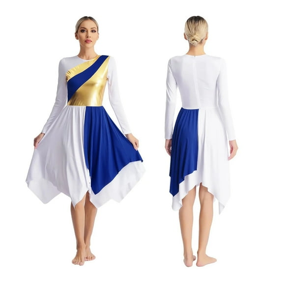 Womens Liturgical Praise Dance Worship Dress Metallic Gold Color Block Loose Fit Lyrical Dancewear