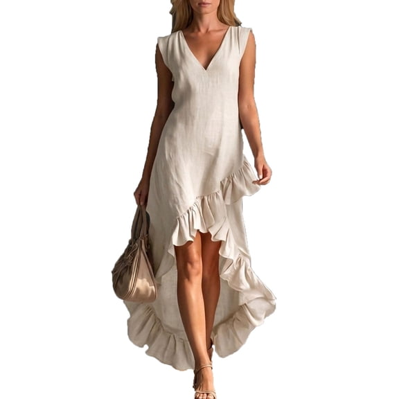 Women's Asymmetrical Ruffle Hem Tank Dress Summer Trendy V-Neck Sleeveless Maxi Dress Flowy Boho Vacation Long Dresses Beige