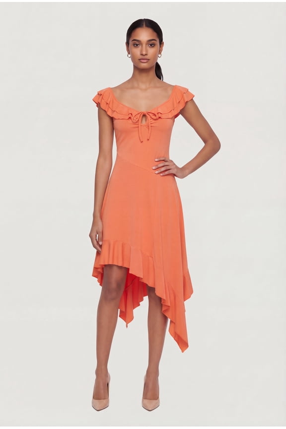 Women's Asymmetrical Ruffle Trim Flutter Sleeve Midi Dress