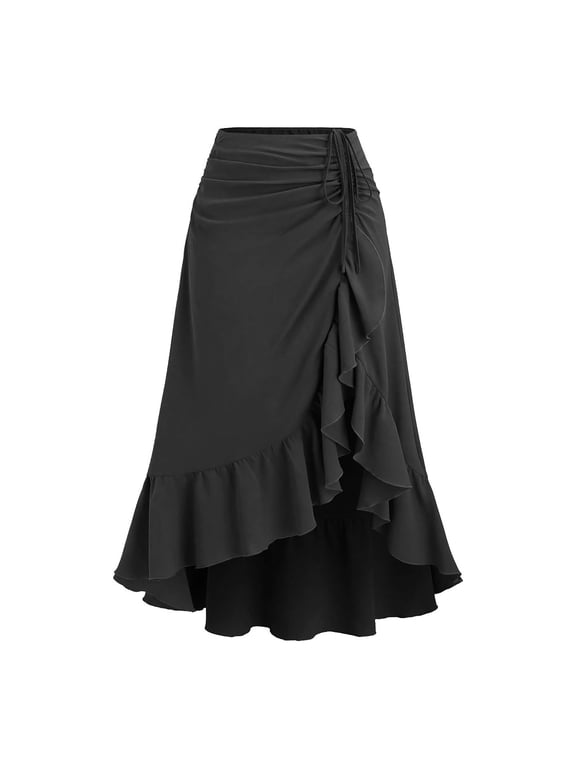 Women's Asymmetrical Ruffle Wrap Midi Skirts Flowy Western Cowgirl Skirts (Black XXL)