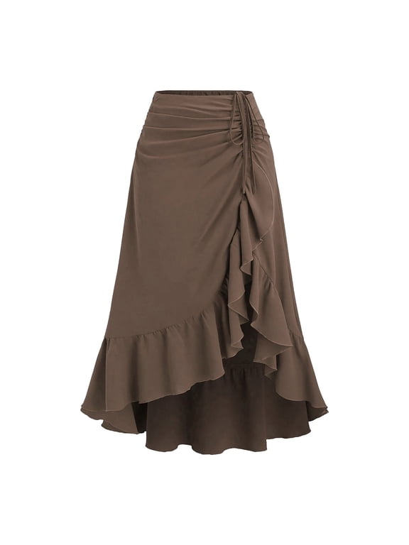 Women's Asymmetrical Ruffle Wrap Midi Skirts Flowy Western Cowgirl Skirts (Brown M)
