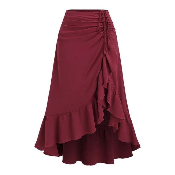 Women's Asymmetrical Ruffle Wrap Midi Skirts Flowy Western Cowgirl Skirts (Red XXL)