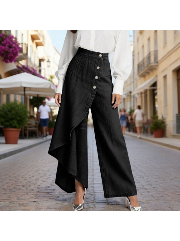 Women's Asymmetrical Wrap Wide Leg Jeans High Waisted Button Front Denim Pants for Casual & Streetwear Y2K Outfits Black M