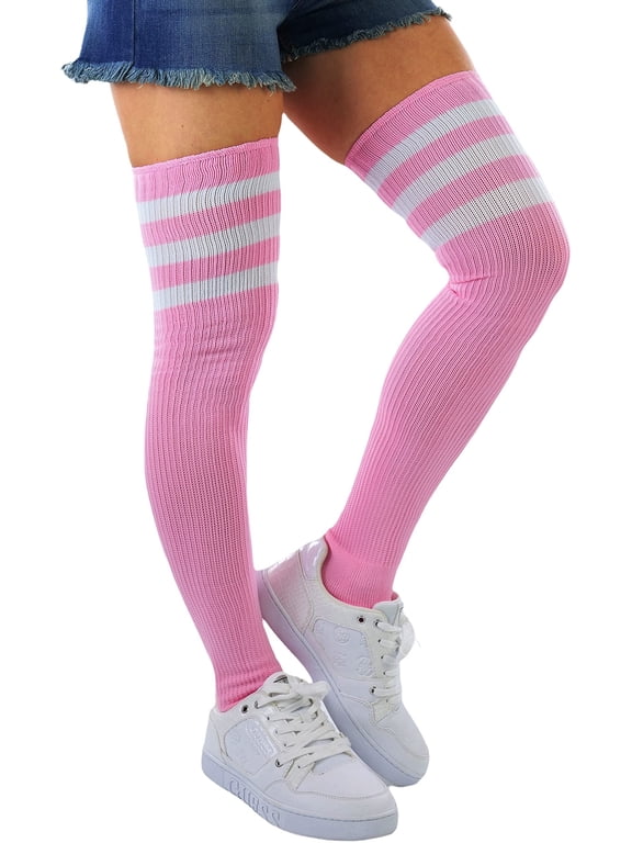 Women's Athletic Acrylic Thigh High Long Socks w/ Three Stripe Top - Light Pink