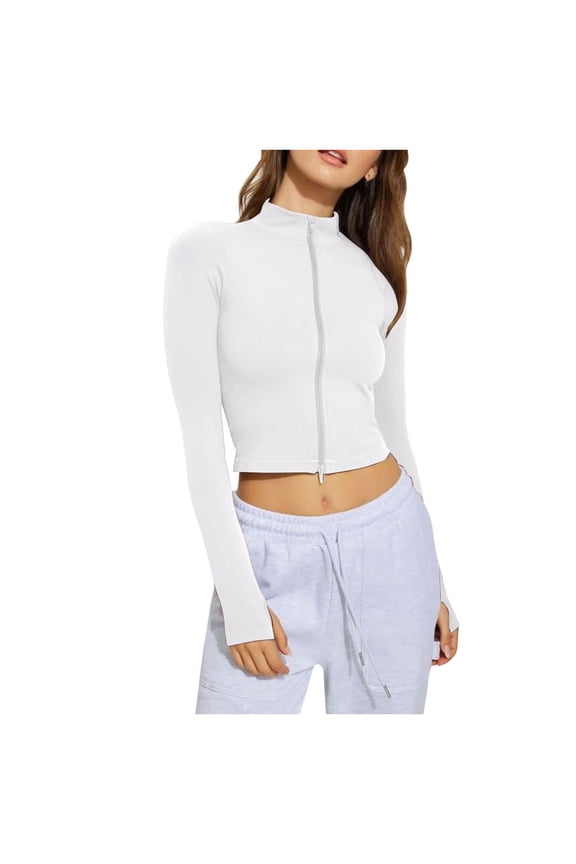 Women's Athletic Full Zip Jacket Lightweight Workout Jacket with Thumb Holes Fitness Cropped Tops Jacket Long Sleeve Sweater Tops for Women S-166 White M