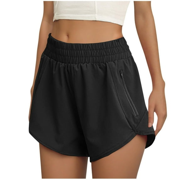 Women's Athletic High Waisted Running Shorts with Secure Zip Pocket, Solid Color Workout Shorts for Gym Performance, Comfortable Moisture-Wicking Fabric for Sports and Training,Black S