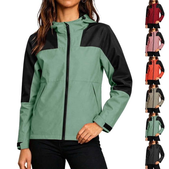 Women's Athletic Jackets Contrast Color Hooded Zip Up Jacket Long Sleeve Waterproof Windbreaker with Pockets Casual Fall Outdoor Sportswear