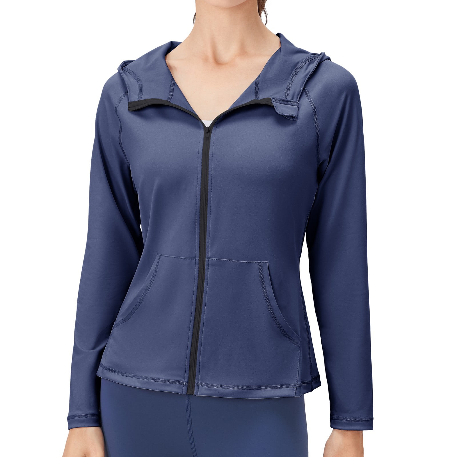 Women s Athletic Jackets Zip Up Yoga Jacket Quick Drying Sports Coat Hooded Slim Running Tops with Pockets Navy Blue 2XL