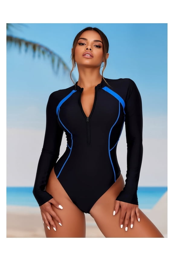 Women's Athletic One-Piece Swimsuit - Stretchy Solid Color Round Neck Bathing Suit ,Polyamide/Spandex, Machine Washable