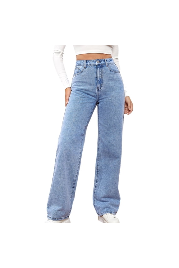 Women's Athletic Pants New Straight Leg Jeans for Women High Waisted Wide Leg Loose Microelastic Jeans Loose Fitting Denim Pant Long Trousers Track Pants Women Light Blue L New