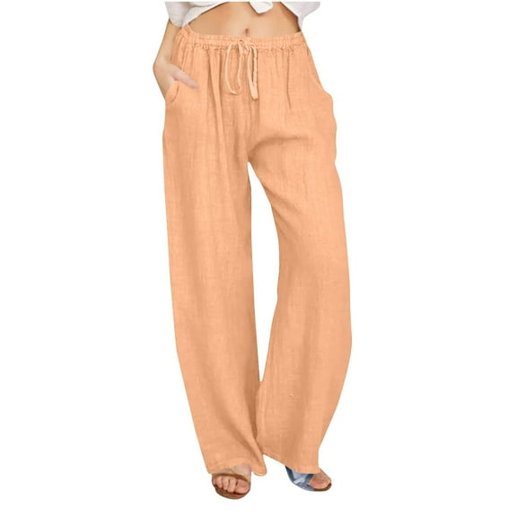Women's Athletic Pants New Women Linen Pants Summer Comfy Flowy Wide Leg Pant Solid Drawstring High Waist Casual Loose Beach Trouser Track Pants Women Orange XXL New