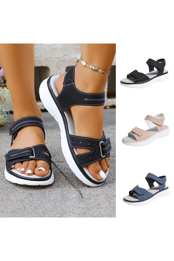Women's Athletic Platform Sandals, Adjustable Strap Open-Toe Shoes, Comfortable Wide Width Casual Dress Sandals for Daily Walk Summer, Black/Beige/Navy