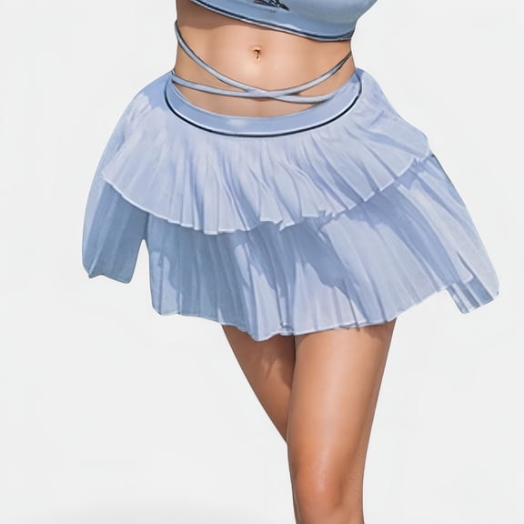 Women's Athletic Pleated Mini Skirt with Double Layer Mesh Design and Contrast Waistband - Large, White