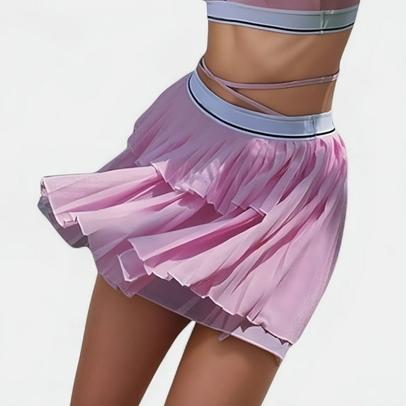 Women's Athletic Pleated Mini Skirt with Double Layer Mesh Design and Contrast Waistband - Medium, Pink