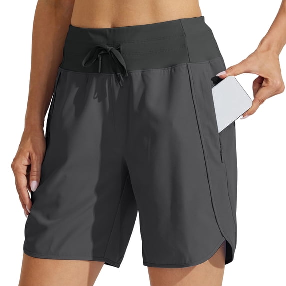 Women's Athletic Running Long Shorts Workout Hiking Shorts Quick Dry High Waisted Active Zipper Pocket Dark Gray M