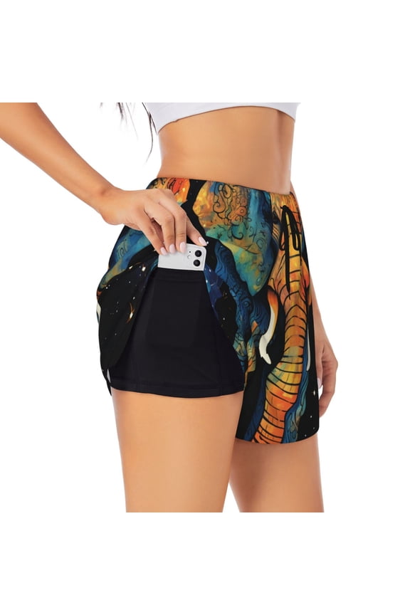 Women's Athletic Running Shorts for Workout Gym Yoga Jogging Fitness, Elephant Indian Psychedelic Starry