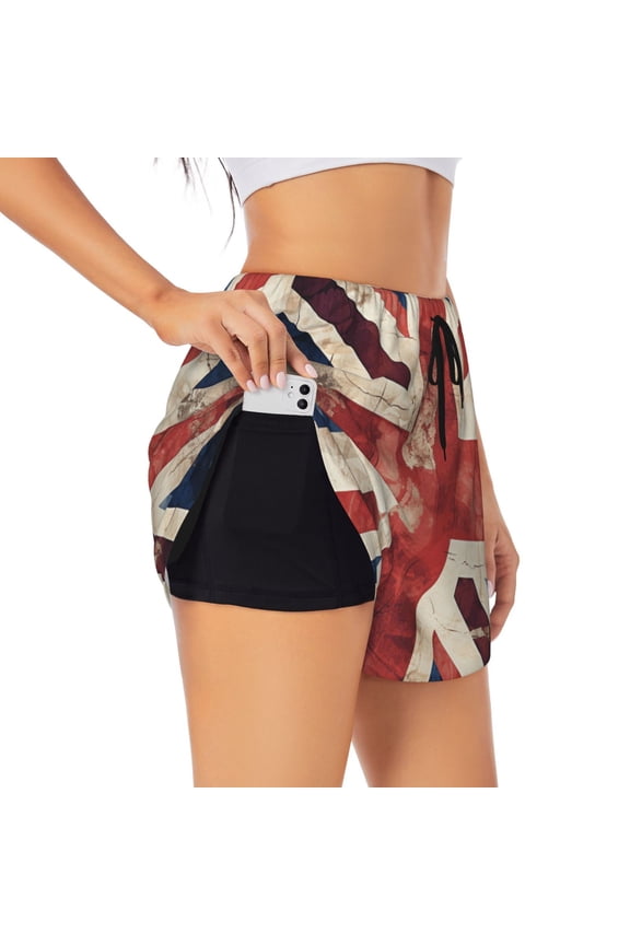 Women's Athletic Running Shorts for Workout Gym Yoga Jogging Fitness, Union Jack UK Flag Vintage