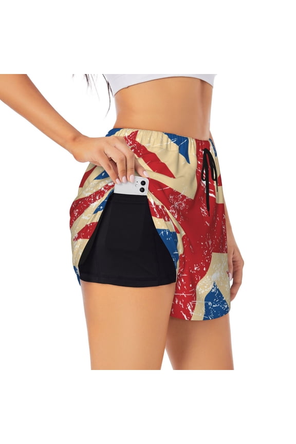 Women's Athletic Running Shorts for Workout Gym Yoga Jogging Fitness, Union Jack Uk Flag Retro