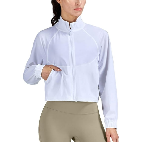 Women's Athletic Running Yoga Gym Track Zip Up Cropped Jackets UPF 50+ Sun Protection Long Sleeve Workout Shirts