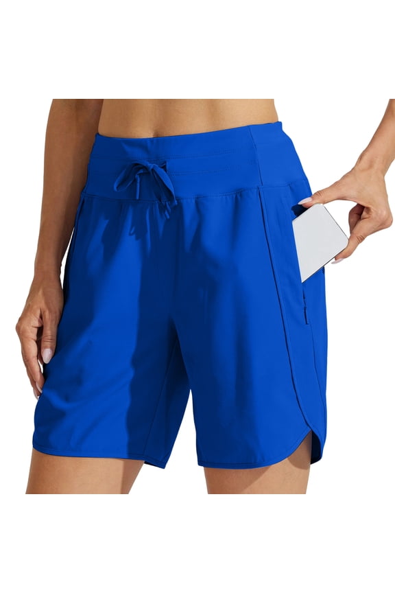 Women's Athletic Shorts 7 Inch Inseam, Quick Dry Stretchy Workout Shorts with Zipper Pockets, for Running Gym(Blue,S)
