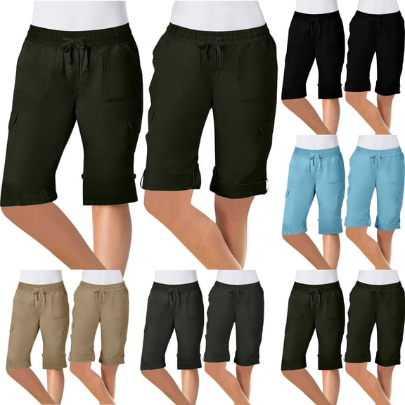 Women’s Athletic Shorts Dgankt Women Fashionable Solid Color Multi Pocket Casual Drawstring Workwear Straight Leg Capris Summer Shorts for Women