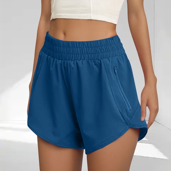 Women's Athletic Shorts High Waisted Drawstring Running Gym Shorts with Zipper Pockets Blue XL