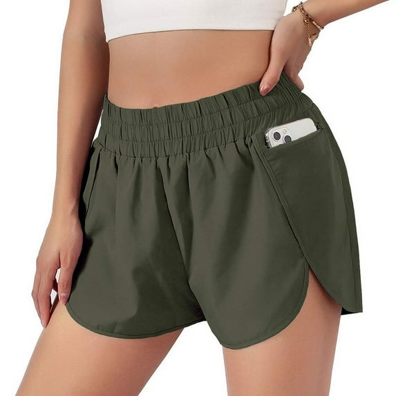 Women's Athletic Shorts High Waisted Running Shorts Pocket Sporty Shorts Gym Elastic Workout Shorts - Army Green