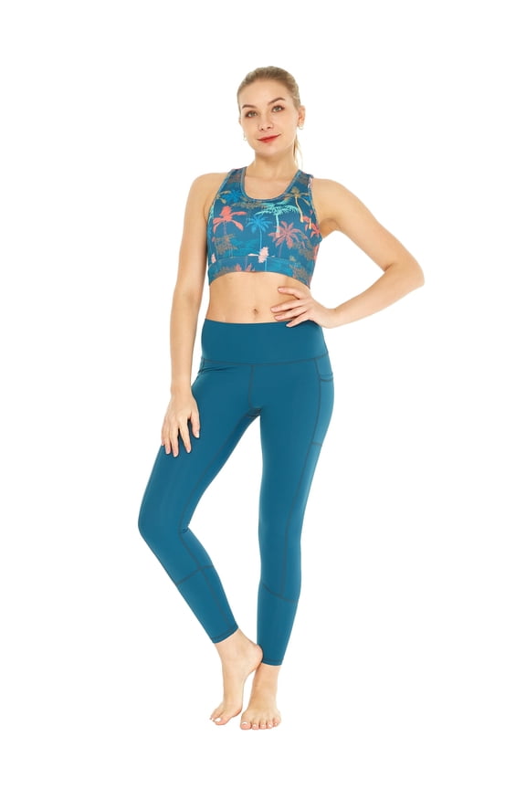 Women's Athletic Sportswear Patterned Bra Top and Solid Legging Set in Crayon Palms Green X-Large