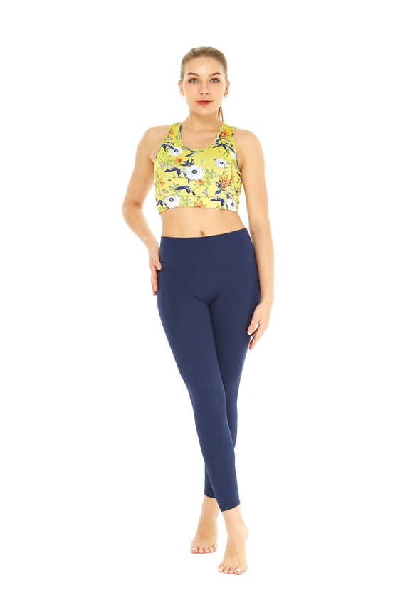 Women's Athletic Sportswear Patterned Bra Top and Solid Legging Set in Garden Poppy Yellow Small