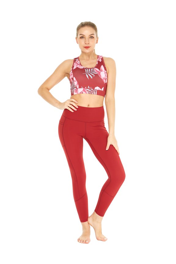 Women's Athletic Sportswear Patterned Bra Top and Solid Legging Set in Lotus and Orchid Red Small