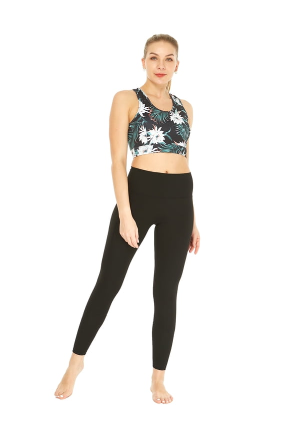 Women's Athletic Sportswear Patterned Bra Top and Solid Legging Set in Wispy Cereus Black Medium