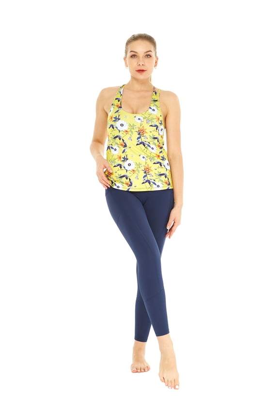 Women's Athletic Sportswear Patterned Tank Top and Solid Legging Set in Garden Poppy Yellow X-Large