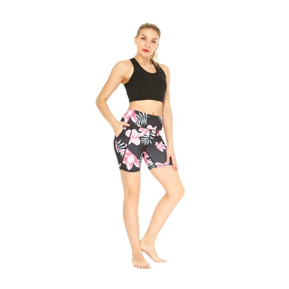 Women's Athletic Sportswear Solid Bra Top and Patterned Bike Shorts Set in Lotus and Orchid Black Medium