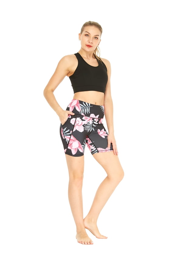 Women's Athletic Sportswear Solid Bra Top and Patterned Bike Shorts Set in Lotus and Orchid Black X-Large