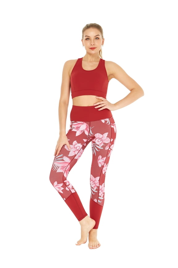 Women's Athletic Sportswear Solid Bra Top and Patterned Legging Set in Lotus and Orchid Red Large