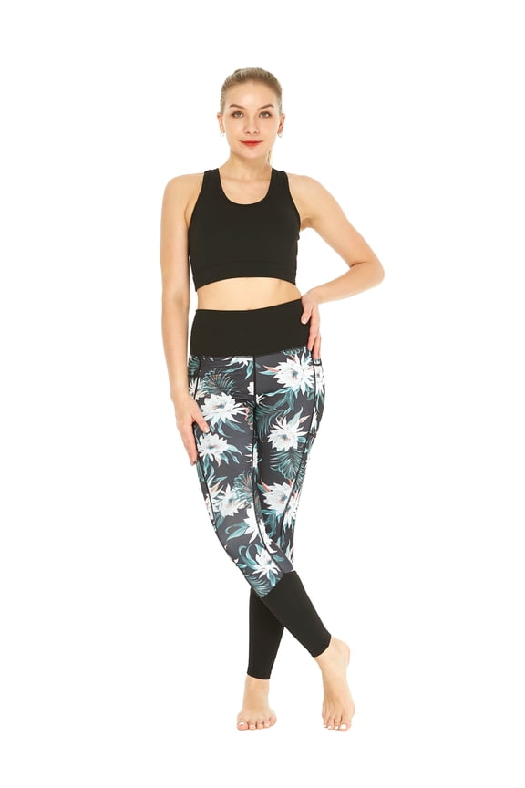Women's Athletic Sportswear Solid Bra Top and Patterned Legging Set in Wispy Cereus Black Large