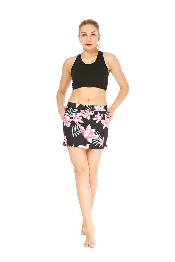 Women's Athletic Sportswear Solid Bra Top and Patterned Skorts with Tights Set in Lotus and Orchid Black X-Large