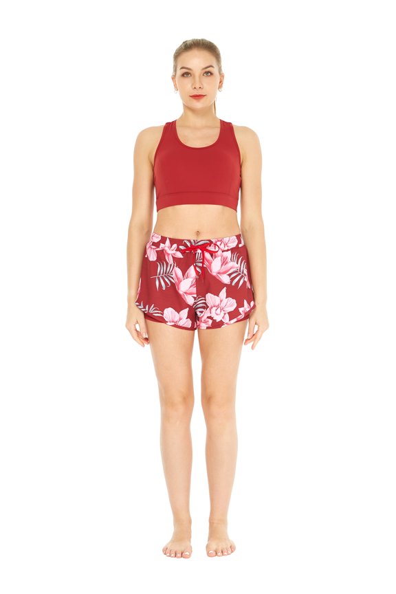 Women's Athletic Sportswear Solid Bra Top and Patterned Tennis Shorts Set in Lotus and Orchid Red Medium